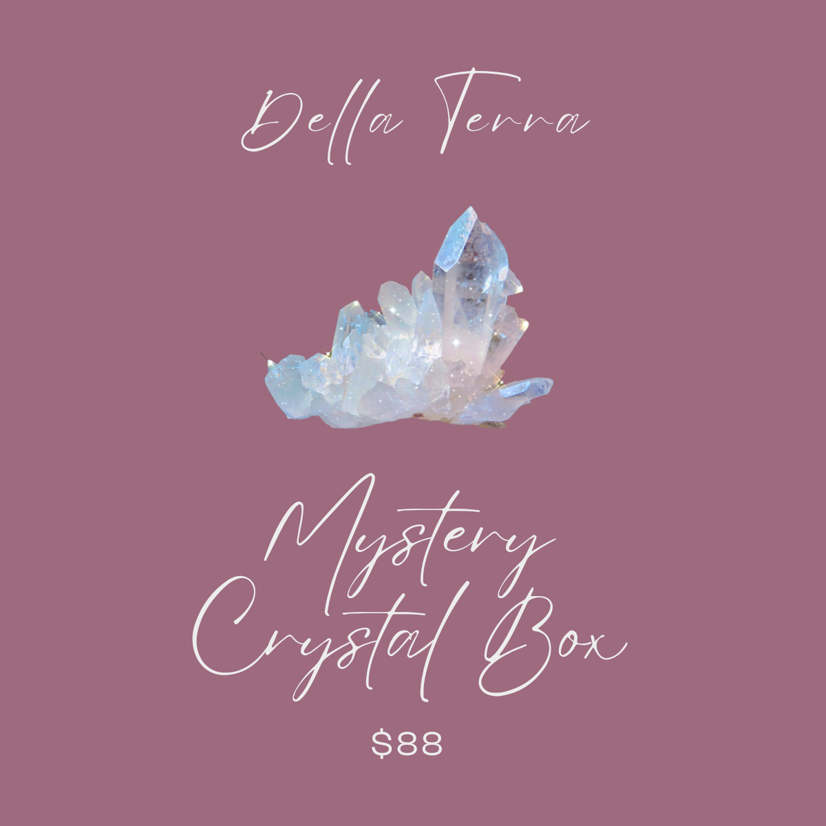 Della Terra Crystal Mystery Box logo featuring sparkling quartz image and an $88 price
