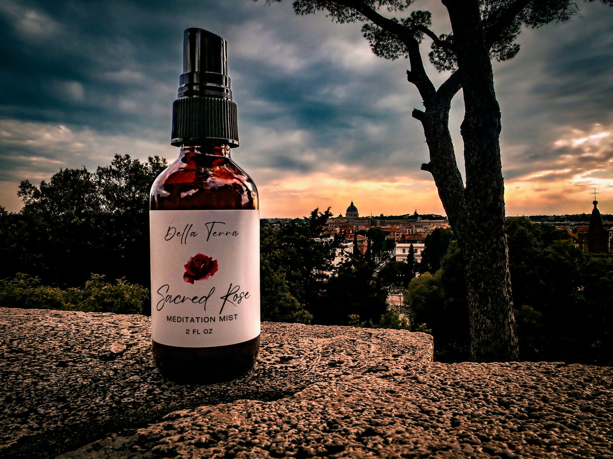 Sacred Rose Meditation Mist by Della Terra overlooking the city of Rome — aromatherapy spray for calm, grounding and meditation